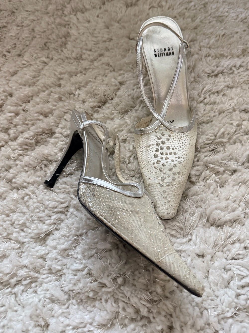 Stuart Weitzman Silver Mesh Crystal Slingback Wedding Heels